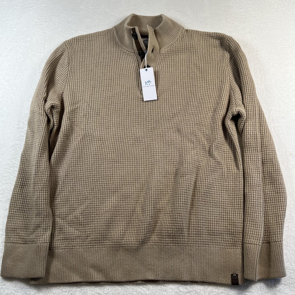 Southern Tide Sweater Mens Large Beige Bass Creek Waffle Knit Mock Neck Henley